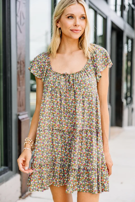 Ask Away Olive Green Ditsy Floral Mini Dress