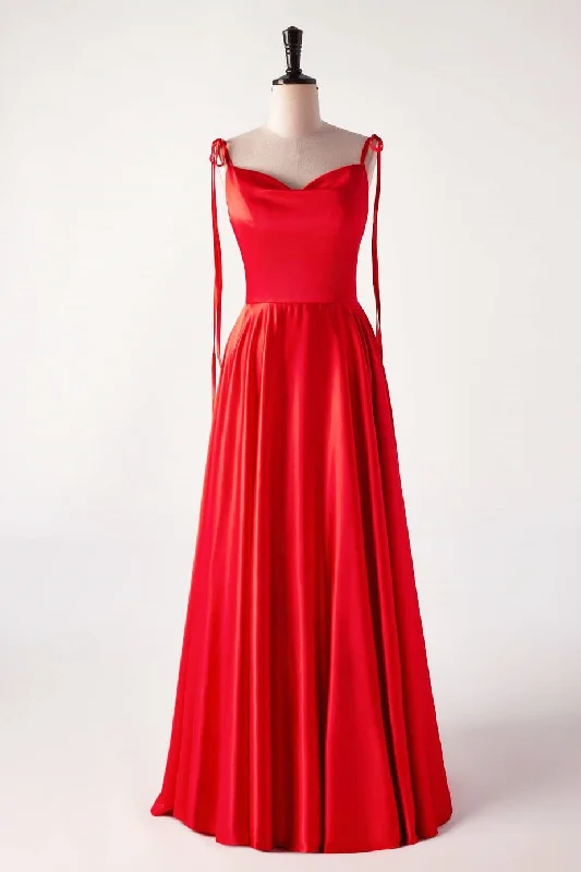 Cowl Neck Red Satin Long Maxi Dress