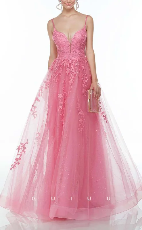 G3271 - A-Line Applique V-Neck Straps Pink Long Party Prom Evening Dresses