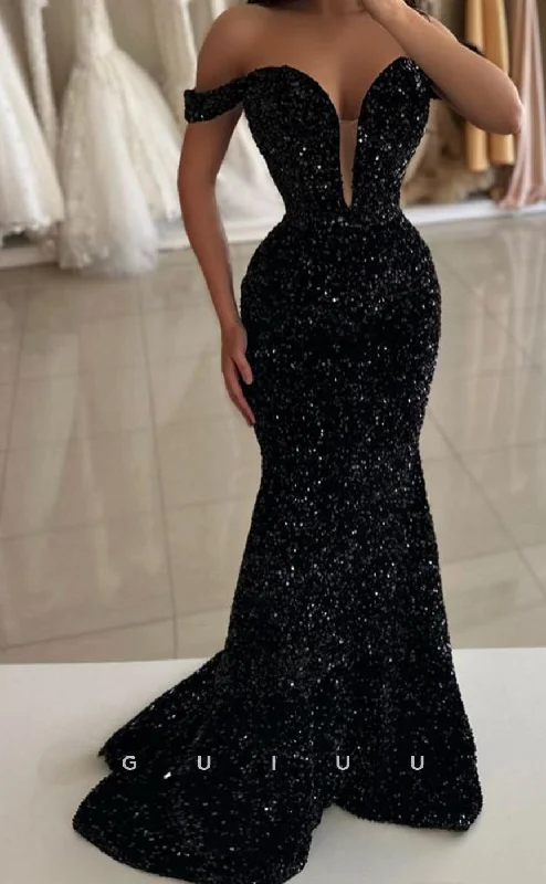 G3381 - Sexy & Hot Sheath & Mermaid Off Shoulder Plunging Neck Sequined Sweep Train Evening Party Gown Prom Dress