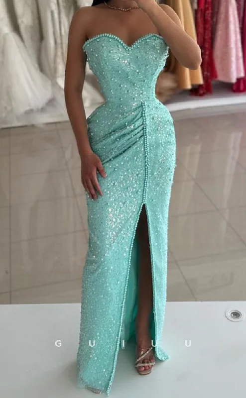 G3389 - Sexy & Hot Column Sweetheart Floor-Length Side Slit Fully Sequined & Beaded Evening Party Gown Prom Dress