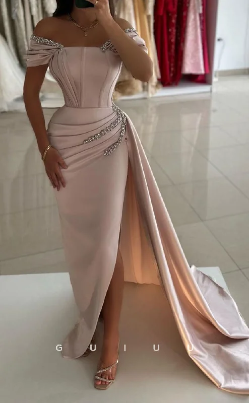 G3393 - Elegant & Luxurious Sheath Off Shoulder Draped Beaded High Side Slit Sweep Train Ball Gown Prom Dress