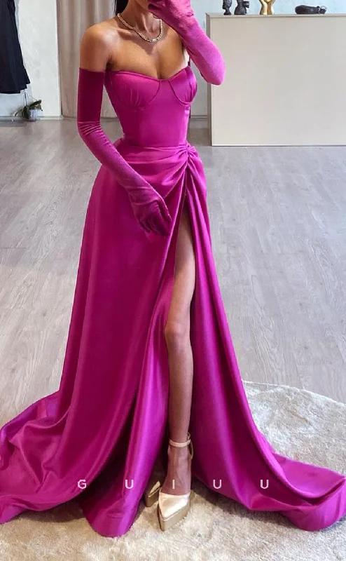 G3401 - Elegant & Luxurious Sheath Sweetheart Long Sleeves Draped High Side Slit Sweep Train Ball Gown Prom Dress