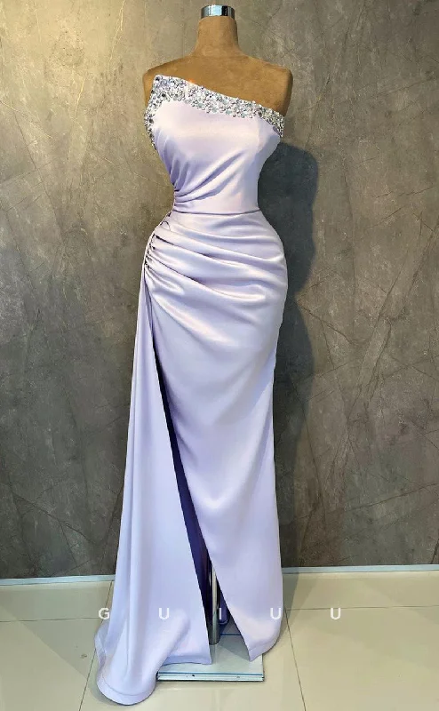 G3424 - Sexy & Hot Sheath Asymmetrical Neckline Beaded Side Slit Floor-Length Evening Gown Prom Dress