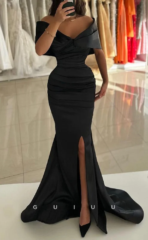 G3427 - Sexy & Hot Sheath & Mermaid Off Shoulder Draped Side Slit Long Evening Party Prom Dress With Sweep Train