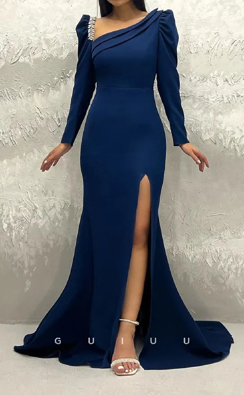 G3441 - Elegant & Timeless Sheath Asymmetrical Neckline Long Sleeves Beaded Draped High Side Slit With Sweep Train Long Ballgown Prom Dress