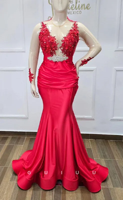 G3453 - Chic & Modern Trumpet Scoop & V-Neck Beaded Sequined Draped Floor-Length Gown Prom Dress