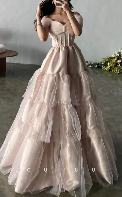 G3474 - Chic & Modern A-Line Off Shoulder Tiered Satin & Tulle Floor-Length Bowknot Long Ballgown Prom Dress