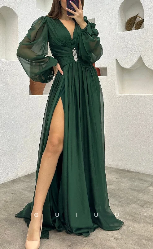 G3493 - Classic & Timeless A-Line V-Neck Long Sleeves High Side Slit Floor-Length Ballgown Prom Dress