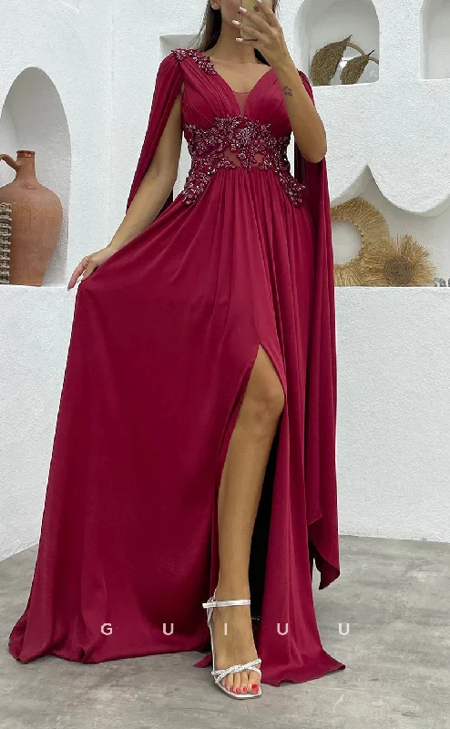 G3496 - Classic & Timeless A-Line V-Neck Straps Beaded Side Slit Floor-Length Ballgown Prom Dress