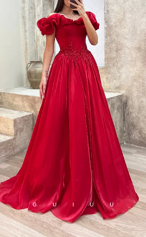 G3502 - Chic & Modern A-Line Off Shoulder Floral Embossed Embroidered Floor-Length Ballgown Prom Dress