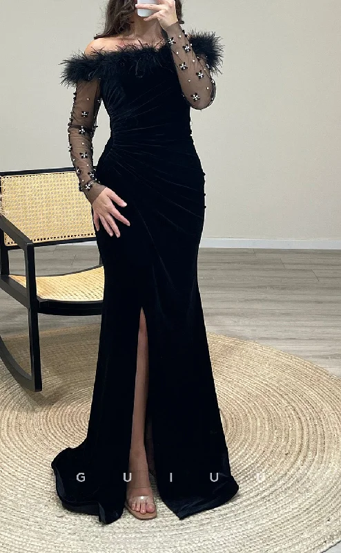 G3504 - Chic & Modern Sheath Off Shoulder Velvet Side Slit Sheer Long Sleeves Floor-Length Party Gown Prom Dress