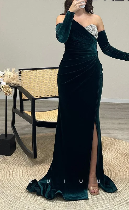 G3507 - Chic & Modern Sheath Asymmetrical Long Sleeves Beaded Side Slit Draped Floor-Length Party Gown Prom Dress