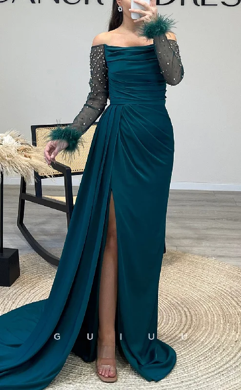 G3509 - Classic & Timeless Sheath Off Shoulder Long Beaded Sleeves Feather Draped Side Slit Ballgown Prom Dress With Sweep Train