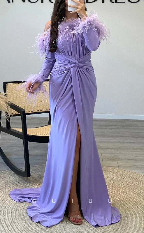 G3520 - Chic & Modern Sheath Asymmetrical Long Sleeves Feather High Slit Draped Floor-Length Ballgown Prom Dress