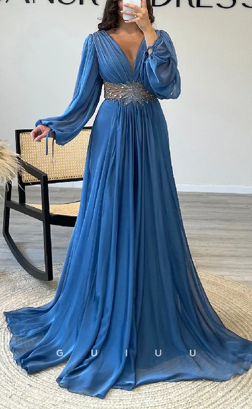 G3527 - Chic & Modern A-Line V-Neck Long Sleeves High Side Slit Pleated Draped Beaded Cut Outs Floor-Length Party Gown Prom Dress