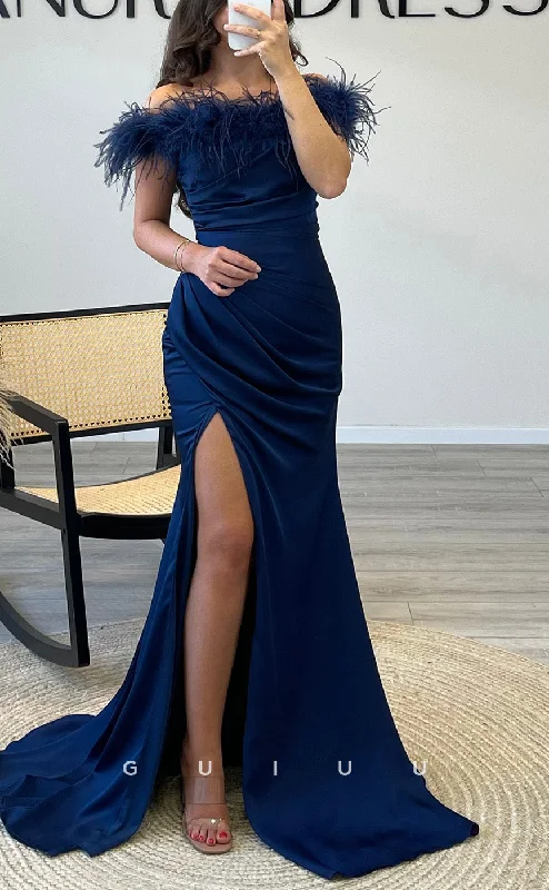 G3545 - Sexy & Hot Sheath Off Shoulder Feather Draped High Side Slit Floor-Length Party Gown Prom Dress With Sweep Train