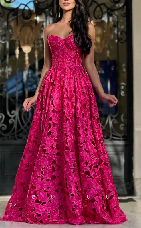 G3595 - Chic & Modern A-Line Sweetheart Strapless Floral Cut-outs Floor-Length Ballgown Prom Dress