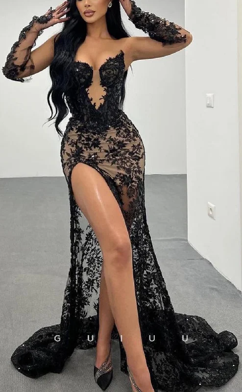 G3723 - Sexy & Hot Sheath V-Neck Strapless Allover Lace Long Party Prom Dress with High Side Slit and Gloves