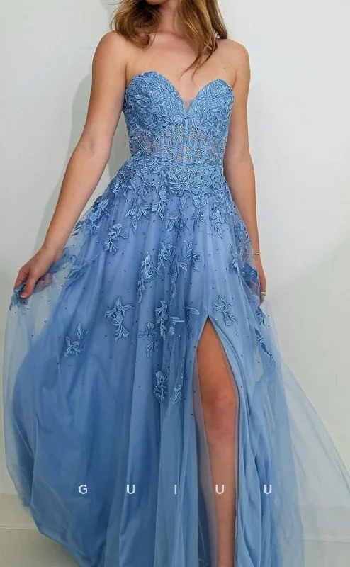 G3764 -  A-Line Strapless Sleeveless Appliques Pleated Tulle Long Prom Dress with Slit