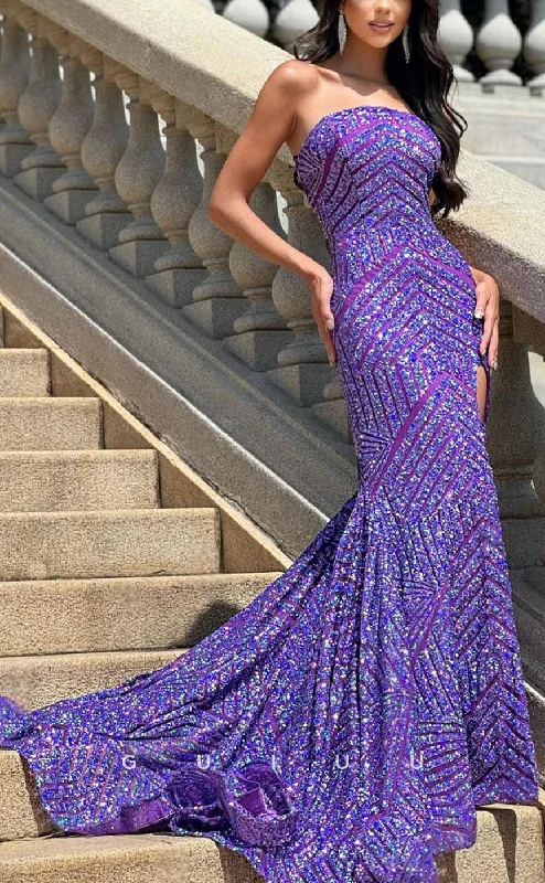 G3854 - Sexy & Hot Mermaid Strapless Fully Sequined and Draped Formal Party Gown Prom Dress with High Side Slit and Sweep Train