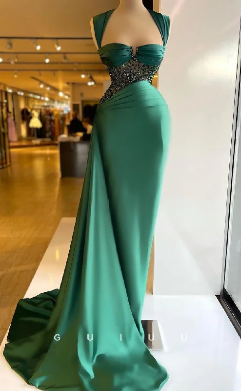 G3865 -  Mermaid Strapless Sleeveless Dark Green Pleated Long Prom Dress with Train