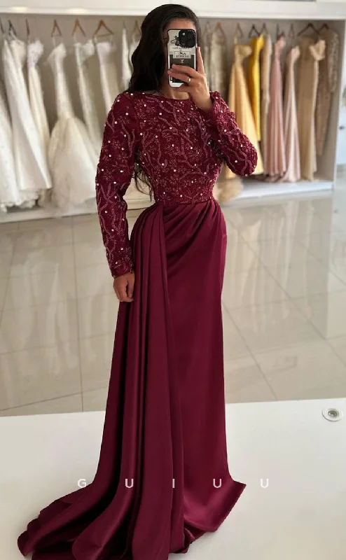 G3888 - Mermaid Scoop Long Sleeves Appliques Beaded Long Prom Evening Gown