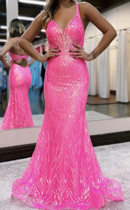 G4092 -  MermaidStrapless Straps Fully Sequined Sleeveless Criss-Cross Straps  Long Prom Dress with Train for Black Girl Slay