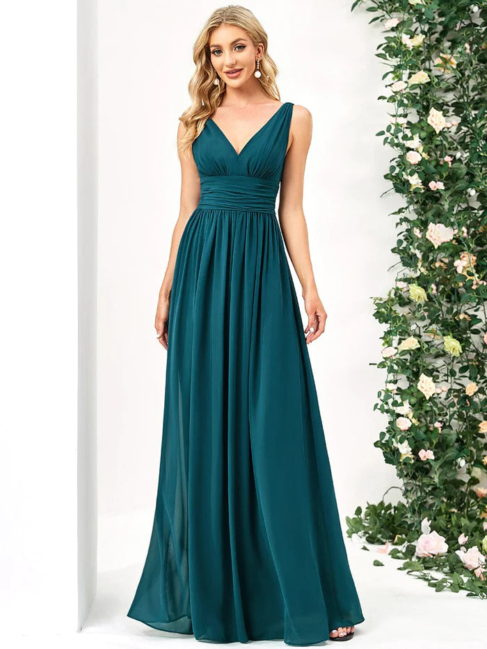 Elegant V Neck A Line Chiffon Maxi Bridesmaid Dresses