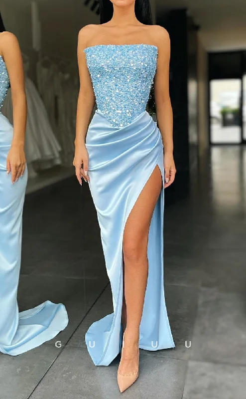 G2588 - Chic & Modern Sequins Strapless Ruched Long Prom Evening Dresses