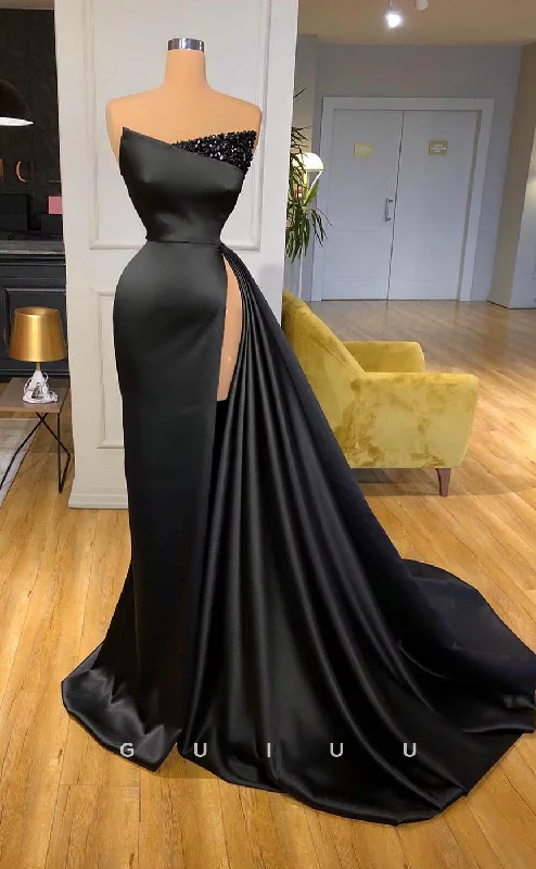 G2607 - Chic & Modern Satin Sequins Ruched Black Long Prom Evening Dress With Slit