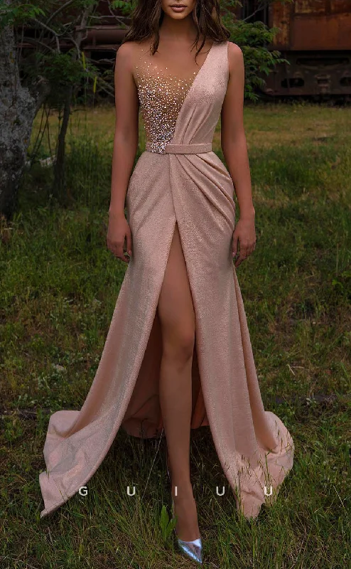 G2614 - Chic & Modern Beaded Illusion Ruched Long Prom Evening Party Dress With Slit