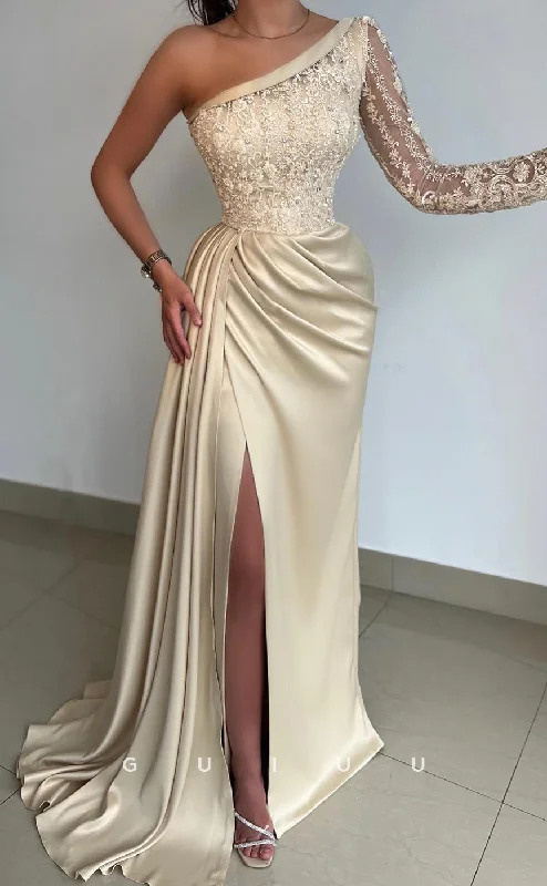 G2684 - Elegant & Luxurious Lace One Shoulder Pleats Satin Evening Prom Dress