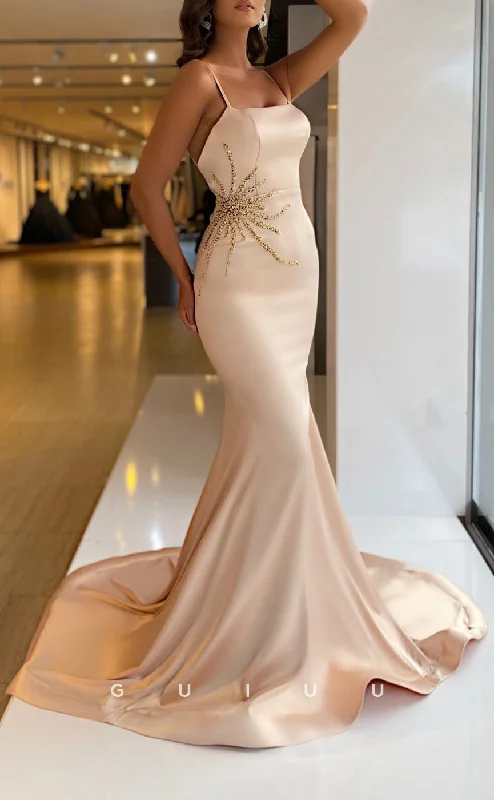 G2687 - Sexy & Fitted Mermaid Straps Beaded Satin Long Evening Prom Dress