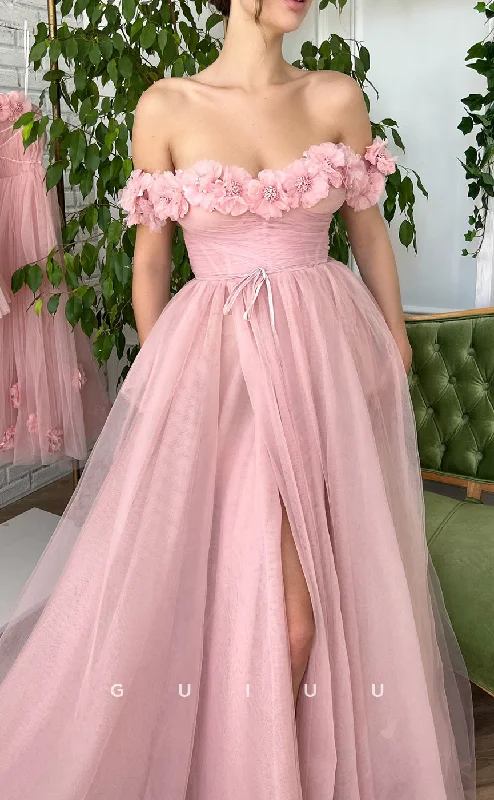 G2739 - Chic & Modern Off-Shoulder Floral Embossed Tulle Pink Prom Evening Dress