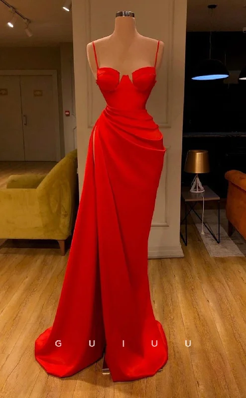 G2750 - Sexy & Fitted Straps Red Satin Ruched Long Prom Evening Dress