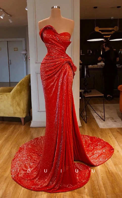 G2752 - Chic & Modern Glitter Strapless Ruched Red Long Prom Evening Dress