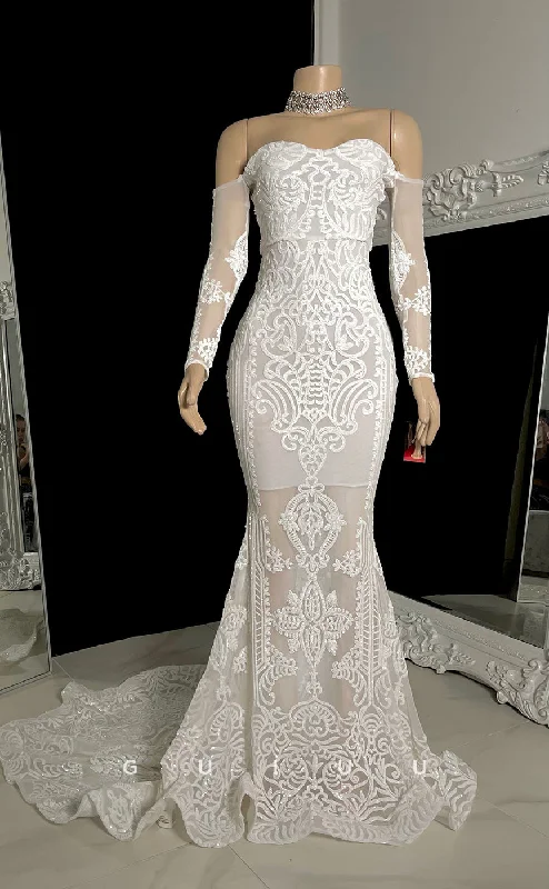 G2754 - Elegant Off-Shoulder Mermiad Lace Sheer Prom Evening Dress With Train