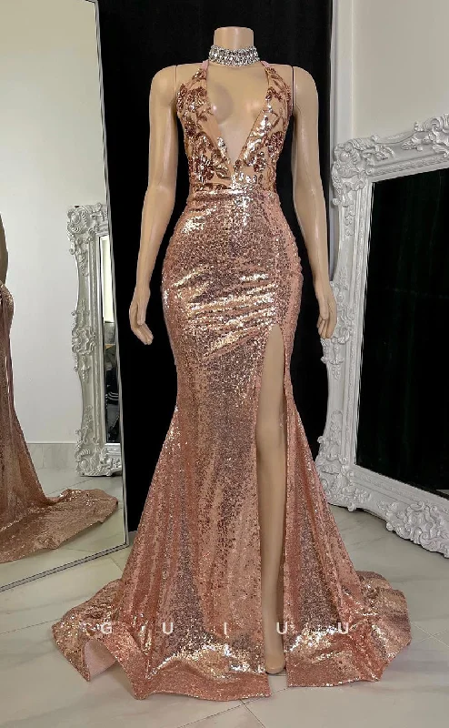 G2757 - Sexy & Mermaid Glitter V-Neck Sequins Sheer Long Night Prom Evening Dress