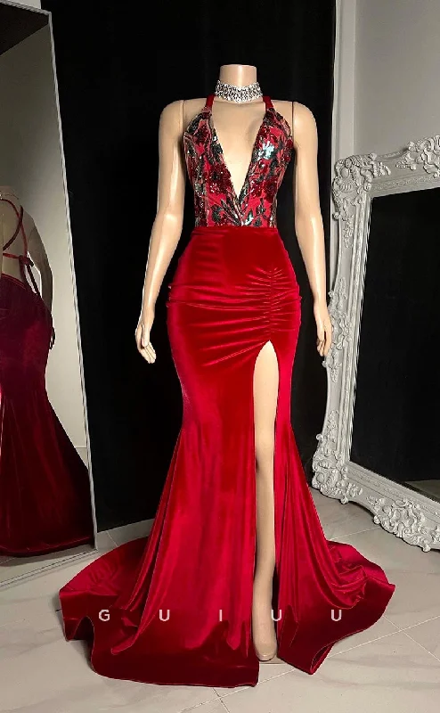 G2760 - Sexy & Fitted Sequins V-Neck Red Velvet Long Prom Evening Dress