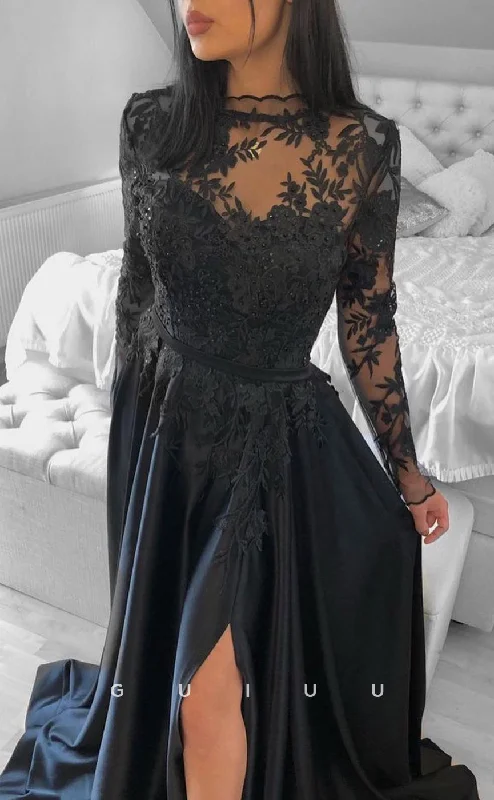 G2762 - Sexy & Hot A-Line Lace Applique Illusion Black Long Prom Evening Dress