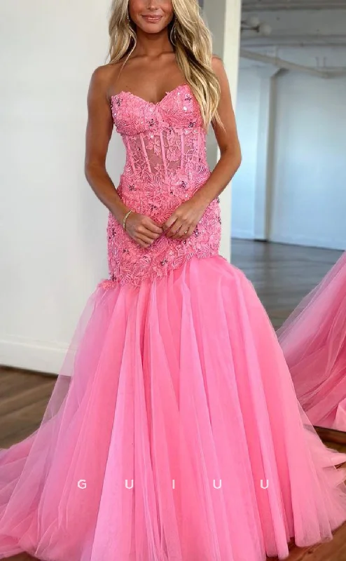 G2774 - Chic & Modern Memaid Strapless Applique Sheer Tulle Prom Evening Dress