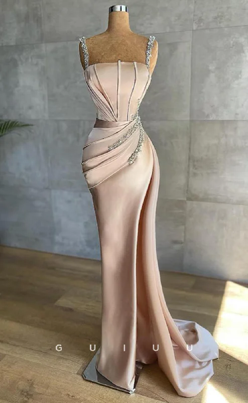 G3006 - Classic & Timeless Straples Beaded Straps Pleats Long Formal Prom Dress