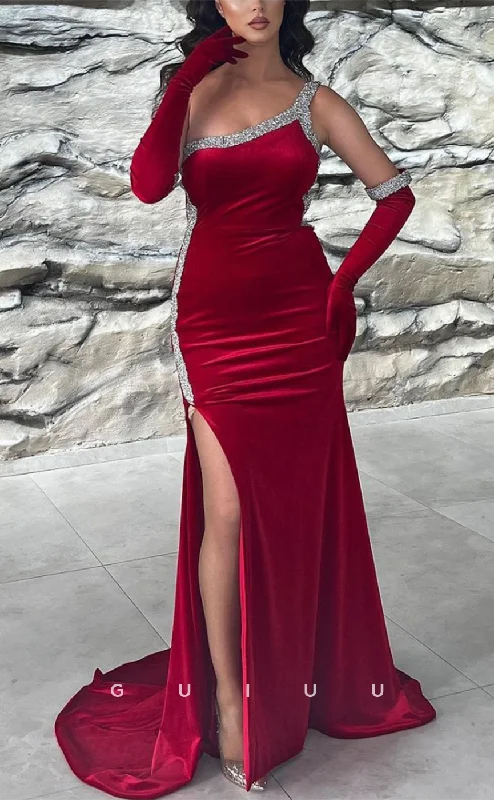 G3031 - Chic & Modern One Shoulder Beaded Burgundy Formal Prom Dress With Gloves