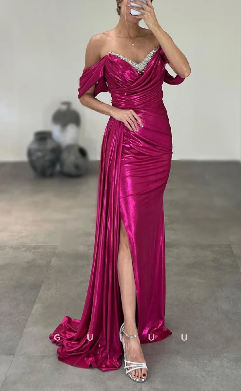 G3057 - Chic & Modern Off-Shoulder Beaded Pleats Long Formal Prom Dress With Slit