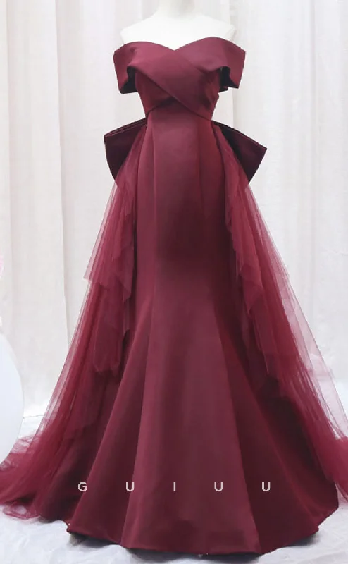 G3063 -  A-Line Off Shoulder Lace Up Wine Red Tulle Long Prom Evening Dress with Train