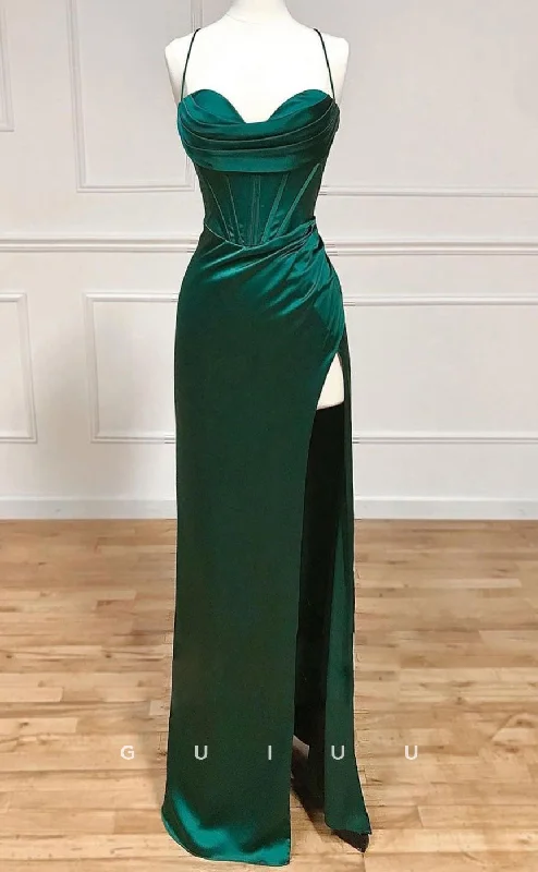 G3064 -  Sheath Strapless Halter Criss Cros Straps Dark Green Stain Long Prom Dresswith High Side Slit