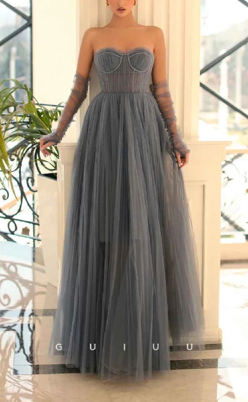 G3097 - Chic & Modern Strapless Sheer Tulle Long Formal Prom Dress With Gloves