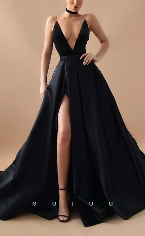 G3116 - Classic & Timeless A-Line V-Neck Black Long Formal Prom Dresses With Slit