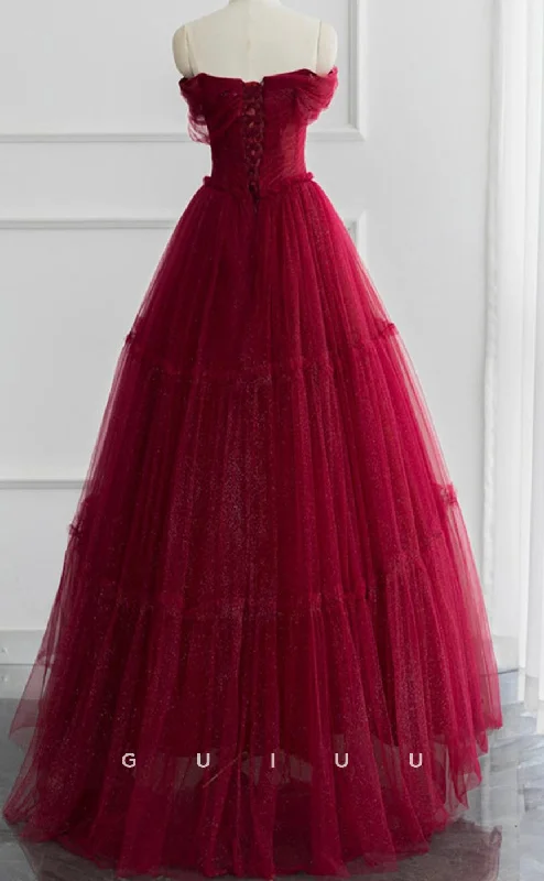 G3149 - A-Line Strapless Sleeveless Wine Red Mesh Long Prom Evening Gown